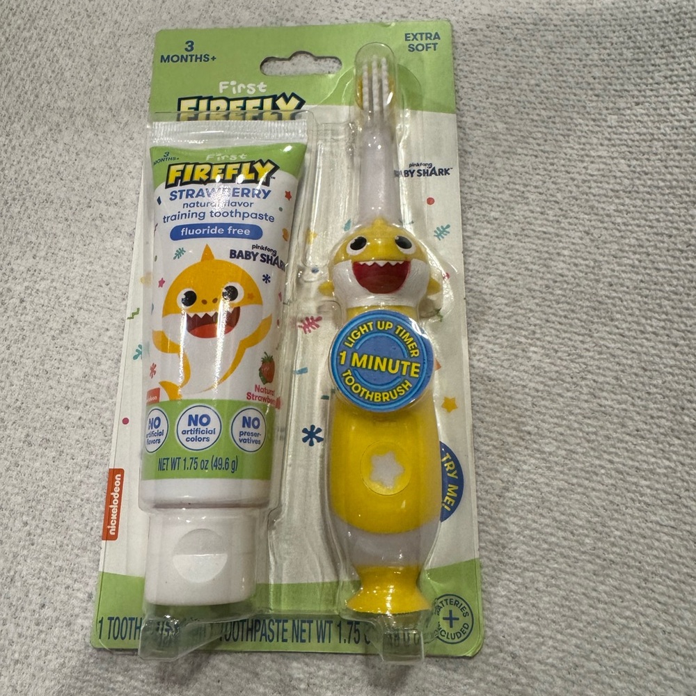 Firefly Baby Shark Training Light Up Toothbrush, Strawberry Flavor Toothpaste